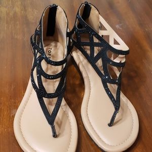 Black thong sandals with black embellishme…